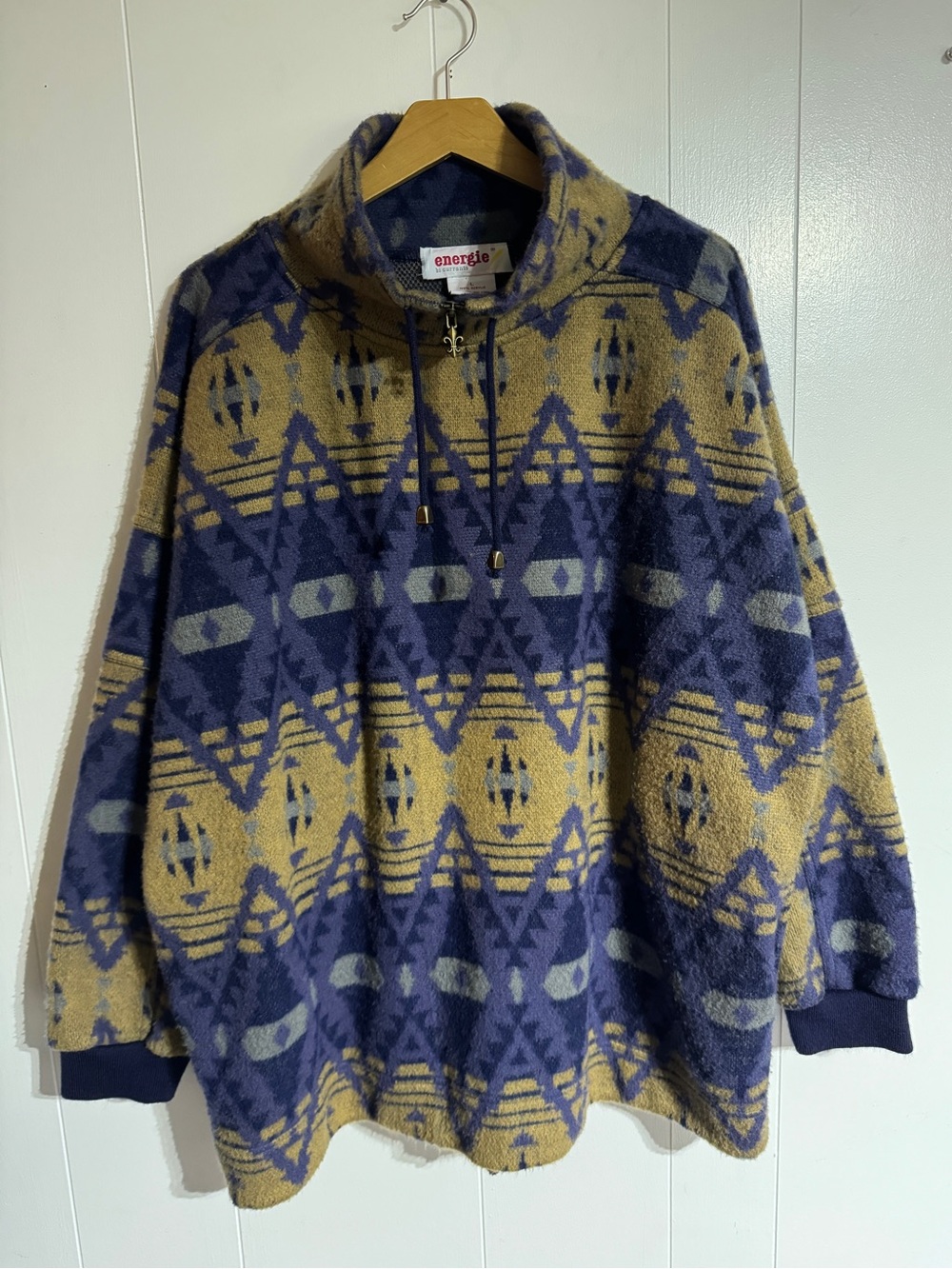 Vintage Aztec Fleece Pullover Sweatshirt 90s Oversized Wide Boxy Fit Boho Sherpa